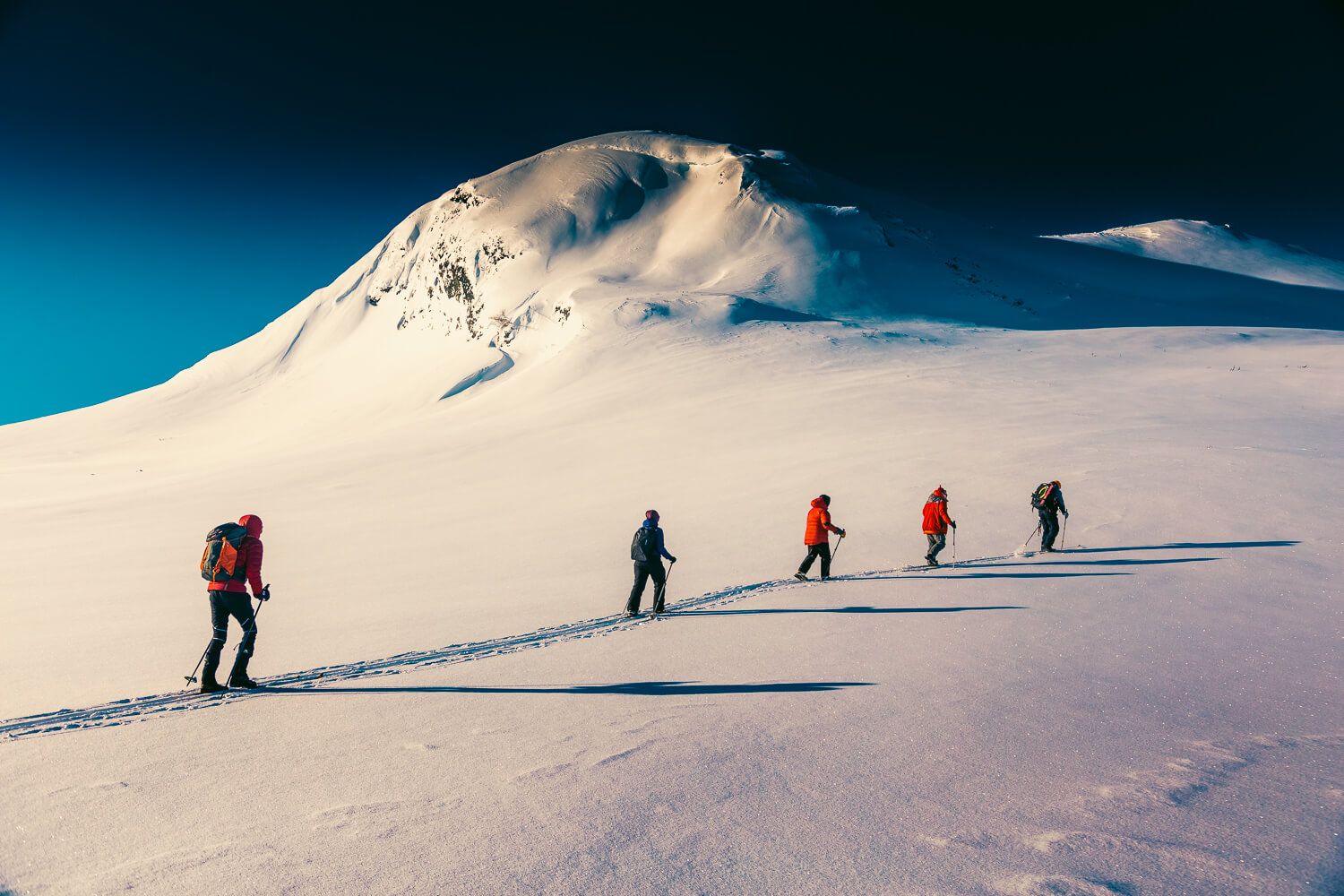 Fila de esquiadores cruzando un glaciar en Svalbard